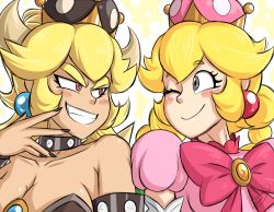 Rule 34 | 2girls, ;), armlet, bare shoulders, black nails, blonde hair, blush stickers, bow, bowsette, bowtie, braid, brown legwear, closed mouth, collar, collarbone, crown, earrings, evil grin, evil smile, eye contact, finger to mouth, grey eyes, grin, hand up, horns, jewelry, long hair, looking at another, mario (series), multiple girls, nail polish, new super mario bros. u deluxe, nintendo, one eye closed, peachette, ponytail, puffy short sleeves, puffy sleeves, red eyes, short sleeves, shoulder-to-shoulder, sidelocks, slit pupils, smile, spiked armlet, spiked collar, spikes, super crown, thick eyebrows, toadette, tsurime, twin braids, upper body, v-shaped eyebrows, zieghost