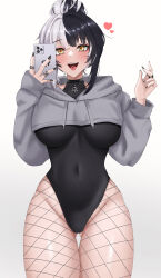 Rule 34 | 1girl, absurdres, alternate costume, alternate hairstyle, black choker, black hair, black leotard, black nails, blush, breasts, cellphone, choker, covered navel, cowboy shot, cropped hoodie, cross, cross earrings, drawstring, earrings, fingernails, fishnet pantyhose, fishnets, gluteal fold, grey hair, grey hoodie, groin, hair bun, halter leotard, halterneck, hands up, heart, highleg, highleg leotard, highres, holding, holding phone, hololive, hololive english, hood, hoodie, jewelry, large breasts, leotard, long fingernails, long sleeves, looking at phone, multicolored hair, multiple rings, nail polish, navel, open mouth, pantyhose, phone, piercing, ring, selfie, shiori novella, sidelocks, simple background, smartphone, solo, split-color hair, teeth, thigh gap, tongue, tongue out, tongue piercing, two-tone hair, upper teeth only, virtual youtuber, white background, yellow eyes, yobi (ybpac18)