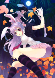 Rule 34 | 2girls, ahoge, animal ears, autumn leaves, bad id, bad pixiv id, bamboo, blazer, brown hair, carrot, carrot necklace, clothes lift, down (artist), dress, female focus, food, full moon, impossible clothes, impossible shirt, inaba tewi, jacket, jewelry, kneehighs, leaf, long hair, mochi, moon, moonlight, multicolored eyes, multiple girls, nayuta (una), necklace, necktie, night, night sky, one eye closed, panties, pendant, pink dress, pink skirt, plaid, plaid skirt, pleated skirt, puffy short sleeves, puffy sleeves, purple hair, rabbit ears, red necktie, reisen udongein inaba, shirt, short hair, short sleeves, skirt, skirt lift, sky, socks, striped clothes, striped legwear, striped panties, touhou, underwear, wagashi, wink