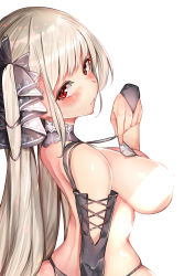Rule 34 | 1girl, arm behind back, azur lane, black panties, blush, breasts, detached collar, detached sleeves, formidable (azur lane), from side, grey hair, highres, holding, jjjehuty, large breasts, light censor, long hair, long sleeves, looking at viewer, panties, red eyes, simple background, sitting, solo, twintails, two-tone ribbon, underwear, very long hair, white background