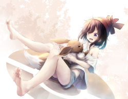 Rule 34 | 1girl, absurdres, barefoot, blue eyes, brown hair, creatures (company), dutch angle, eevee, feet, foreshortening, game freak, gen 1 pokemon, highres, nintendo, one eye closed, open mouth, pokemon, pokemon (creature), pokemon sm, red headwear, selene (pokemon), short hair, shorts, simple background, sitting, soles, toes, utatanecocoa