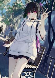 Rule 34 | 1girl, bare legs, bench, black choker, black skirt, building, choker, commentary request, drawstring, hair ribbon, hood, hood down, hoodie, kamizaki hibana, long sleeves, looking at viewer, miniskirt, original, outdoors, parted bangs, parted lips, pink bag, pink eyes, pink ribbon, pleated skirt, ribbon, sidelocks, skirt, solo, tree, two side up, v, white hoodie