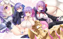 Rule 34 | 4girls, armor, armored boots, ass, bandage over one eye, bandaged arm, bandaged head, bandaged leg, bandages, bare shoulders, bb (fate), bb (fate/extra), black legwear, blue eyes, blue ribbon, blush, boots, breasts, claws, cleavage, collar, crotch plate, fate/grand order, fate (series), giant, giantess, gloves, hair over one eye, hair ribbon, holding, huge breasts, ikura nagisa, kingprotea (fate), large breasts, long hair, long sleeves, looking at viewer, medium breasts, meltryllis (fate), moss, multiple girls, o-ring, o-ring top, one eye closed, open mouth, panties, partially visible vulva, passionlip (fate), passionlip (third ascension) (fate), pink eyes, purple eyes, purple hair, pussy, pussy peek, red ribbon, revealing clothes, ribbon, sidelocks, sitting, skindentation, skirt, sleeves past wrists, smile, spread legs, thighhighs, underwear, very long hair, white gloves, white panties, yandere