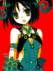 Rule 34 | 1girl, :o, animification, armlet, bare shoulders, black hair, blush, breasts, buckle, cleavage, cleavage cutout, clothing cutout, dress, elbow gloves, gloves, green dress, green eyes, green gloves, horns, juuken sentai gekiranger, looking at viewer, mele, open mouth, red background, sentai, short hair, simple background, small breasts, solo, super sentai, suzushiro kurumi, tareme