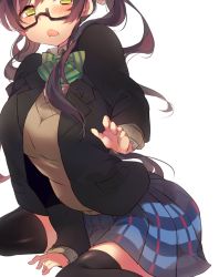 Rule 34 | 10s, 1girl, bad id, bad twitter id, bespectacled, black-framed eyewear, black thighhighs, blazer, blush, bow, breasts, chestnut mouth, glasses, hair over shoulder, jacket, large breasts, long hair, looking at viewer, love live!, love live! school idol project, miseo (mrkglove), open mouth, purple hair, school uniform, semi-rimless eyewear, simple background, sitting, skirt, solo, sweater, thighhighs, tongue, tojo nozomi, under-rim eyewear, wariza, white background, yellow eyes, zettai ryouiki