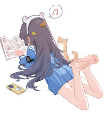 Rule 34 | 1girl, absurdres, barefoot, black hair, blue archive, bob (pixiv49522586), cellphone, feet, hairband, highres, long hair, lying, miyu (blue archive), on stomach, phone, reading, smartphone, soles, toes