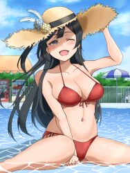 Rule 34 | 1girl, bikini, blue eyes, blue hair, blue sky, blush, breasts, cleavage, cloud, dark blue hair, hat, large breasts, long hair, love live!, love live! nijigasaki high school idol club, momo mochi (favk5328), navel, one eye closed, open mouth, outdoors, red bikini, sitting, sky, smile, sun hat, swimsuit, wariza, water, yuki setsuna (love live!)