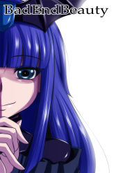 Rule 34 | 10s, 1girl, bad end beauty, bad end precure, bloom, blue eyes, blue hair, character name, dark persona, hair ornament, highres, long hair, magical girl, matching hair/eyes, nishi koutarou, out of frame, portrait, precure, simple background, smile precure!, solo, white background