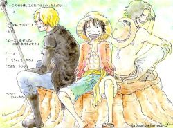 Rule 34 | 3boys, black hair, blonde hair, brothers, hat, male focus, moamoa (etsu1443), monkey d. luffy, multiple boys, one piece, pole, portgas d. ace, sabo (one piece), siblings, sitting, smile, tree stump