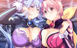 Rule 34 | 2girls, blue eyes, blue gemstone, blue hair, blush, breast press, breasts, cleavage, closed mouth, coscos!: anata gonomi no cosplay h shite ageru, covered erect nipples, detached collar, female focus, game cg, gem, hamashima shigeo, heavy breathing, jewelry, large breasts, light blue hair, long hair, long sleeves, looking at viewer, lying, multiple girls, pink eyes, pink hair, red gemstone, short hair, smile, twintails, upper body, wrist cuffs