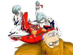 Rule 34 | 4girls, amputee, artist request, ayanami rei, bodysuit, cannibalism, death, eating, empty eyes, guro, hard vore, highres, lying, multiple girls, multiple persona, neon genesis evangelion, organs, pain, plugsuit, red bodysuit, simple background, souryuu asuka langley, the end of evangelion, vore, what, white background, why