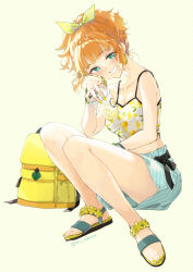 Rule 34 | 1girl, backpack, bag, breasts, camisole, cup, disposable cup, earrings, green eyes, jewelry, looking at viewer, medium breasts, midriff, miyabi akino, orange hair, original, sandals, short hair, short ponytail, shorts, smile, solo, squatting