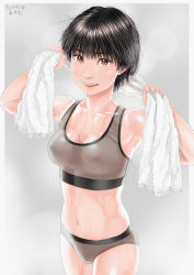 Rule 34 | 1girl, arms up, black hair, bra, breasts, check commentary, collarbone, commentary, commentary request, covered erect nipples, grey background, highres, holding, holding towel, lips, looking at viewer, medium breasts, navel, original, parted lips, see-through, see-through bra, short hair, smile, sports bra, sportswear, stomach, sweat, towel, towel around neck, underwear, underwear only, wet, yellow eyes, zenkou
