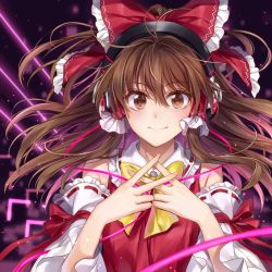 Rule 34 | 1girl, black background, bow, bowtie, brown eyes, brown hair, closed mouth, hagiwara rin, hair between eyes, hair ornament, hair tubes, hakurei reimu, looking at viewer, pink background, smile, solo, touhou, upper body, yellow bow, yellow bowtie
