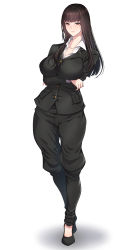 Rule 34 | 1girl, arms under breasts, black footwear, black jacket, black pants, breasts, brown eyes, brown hair, collared shirt, crossed arms, formal, full body, girls und panzer, jacket, large breasts, long hair, long sleeves, mature female, nishizumi shiho, pant suit, pants, shirt, standing, straight hair, suit, white background, white shirt, zucchini
