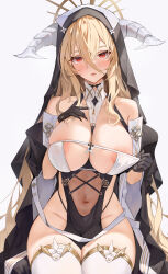 Rule 34 | 1girl, absurdres, areola slip, azur lane, bare shoulders, between breasts, black gloves, blonde hair, blush, breast cutout, breasts, covered navel, fake horns, gloves, habit, hair between eyes, hand on own chest, hand up, highres, horns, implacable (azur lane), large breasts, long bangs, long hair, looking at viewer, navel, nun, parted lips, pelvic curtain, resolution mismatch, revealing clothes, see-through, simple background, sitting, solo, source larger, ssr (azmr2828), thighhighs, thighs, veil, white background, white horns, white thighhighs