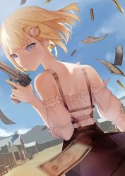 Rule 34 | 1girl, back, bare shoulders, blonde hair, blue eyes, brown skirt, earrings, frilled shirt, frills, from behind, g li, gun, hair ornament, hairclip, handgun, heart, heart earrings, highres, holding, holding gun, holding weapon, hololive, hololive english, jewelry, long neck, looking at viewer, off-shoulder shirt, off shoulder, pistol, shirt, short hair, shoulder blades, skirt, solo, suspender skirt, suspenders, virtual youtuber, watson amelia, weapon, white shirt
