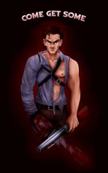 Rule 34 | 1boy, animification, ashley j williams, bad id, bad pixiv id, blood, brown eyes, brown hair, chainsaw, english text, evil dead, gun, highres, injury, looking at viewer, male focus, manly, muscular, scar, serious, severed hand, severed limb, shotgun, signature, sockless, solo, torn clothes, weapon