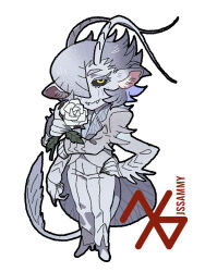 Rule 34 | 1boy, animal ear fluff, animal ears, antennae, black sclera, claws, closed mouth, colored eyelashes, colored inner hair, colored sclera, colored skin, commission, extra arms, fangs, fangs out, flower, formal, full body, fur-tipped tail, grey footwear, grey hair, grey nails, grey skin, grey suit, hair over one eye, hand on own hip, hands up, holding, holding flower, jssammy zhou, long hair, long sleeves, looking at viewer, male focus, monster boy, multicolored hair, original, purple hair, rose, simple background, smile, solo, standing, suit, tail, white background, white flower, white rose, yellow eyes