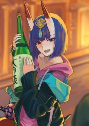 Rule 34 | 1girl, absurdres, bare shoulders, black jacket, blush, bob cut, bottle, breasts, choker, collarbone, eyeliner, fate/grand order, fate (series), gourd, headpiece, highres, hood, hoodie, horns, jacket, long sleeves, looking at viewer, makeup, oni, ootato, open clothes, open jacket, open mouth, pink hoodie, purple eyes, purple hair, short hair, shuten douji (fate), shuten douji (under the same sky) (fate), skin-covered horns, small breasts, smile, under the same sky, wine bottle
