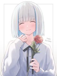 Rule 34 | 1girl, ^ ^, absurdres, alternate hairstyle, black bow, blue hair, blunt bangs, blush, bob cut, bow, closed eyes, closed mouth, collared shirt, commentary request, dress shirt, ene mizunoawa, facing viewer, flower, hands up, happy birthday, highres, holding, holding flower, lize helesta, long sleeves, multicolored hair, nijisanji, red flower, red rose, rose, shirt, sleeves past wrists, smile, solo, streaked hair, upper body, virtual youtuber, white background, white shirt
