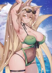 Rule 34 | 1girl, animal ears, armpits, arms up, bikini, blonde hair, blush, bow, bowtie, breasts, cleavage, collarbone, covered navel, eyewear on head, fox ears, fox girl, fox tail, highres, kitsune, large breasts, long hair, looking at viewer, navel, ocean, original, outdoors, parted lips, ponytail, solo, stomach, suirin (tukikagerou), swimsuit, tail, thigh strap, thighs, tukikagerou, tying hair, very long hair, wet, yellow eyes