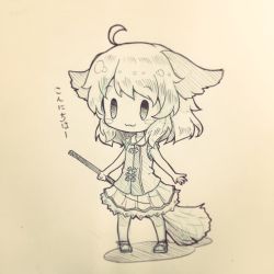 Rule 34 | 1girl, :3, ahoge, arinu, blush stickers, broom, commentary request, monochrome, short hair, sketch, skirt, sleeveless, solo, touhou, translation request