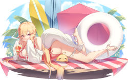 Rule 34 | 1girl, ahoge, ass, azur lane, bare shoulders, blonde hair, breasts, cherry, cleavage, cloud, commentary, cross-laced clothes, cross-laced one-piece swimsuit, cup, detached sleeves, english commentary, food, fruit, full body, gainoob, high heels, knees together feet apart, large breasts, large hat, legs, long hair, long sleeves, looking at viewer, lying, manjuu (azur lane), official alternate costume, on stomach, one-piece swimsuit, outdoors, own hands together, palm tree, parted bangs, red eyes, red one-piece swimsuit, richelieu (azur lane), richelieu (fleuron of the waves) (azur lane), shoes, unworn shoes, side-tie swimsuit, signature, sky, solo, surfboard, swimsuit, table, tablecloth, thigh strap, thighs, tree, white headwear