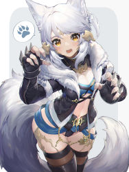 Rule 34 | 1girl, akizone, animal ears, animal hands, au ra, belt, belt skirt, black gloves, black jacket, black panties, black thighhighs, breasts, brown thighhighs, cleavage, commentary, dragon horns, fangs, final fantasy, final fantasy xiv, fingerless gloves, fingernails, fur collar, fur trim, gloves, highres, horns, jacket, large breasts, long hair, long tail, looking at viewer, navel, panties, paw pose, revealing clothes, sharp fingernails, solo, tail, thighhighs, underwear, warrior of light (ff14), white hair, wolf ears, wolf tail, yellow eyes
