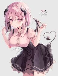 Rule 34 | 1girl, bad id, bad twitter id, black dress, breasts, character request, choker, copyright request, dated, demon girl, demon horns, demon tail, demon wings, dress, grey background, highres, horns, leaning forward, looking at viewer, medium breasts, muzin chan, pink eyes, short hair, signature, solo, tail, wings