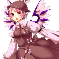 Rule 34 | 1girl, alternate wings, animal ears, bad id, bad pixiv id, breasts, earrings, female focus, hat, jewelry, mystia lorelei, open mouth, outstretched arms, pink eyes, pink hair, simple background, smile, solo, spread arms, touhou, wings, yutazou