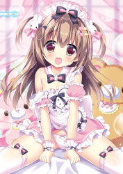 Rule 34 | 1girl, :d, absurdres, animal print, apron, bed sheet, black bow, black bowtie, blush, bow, bow panties, bowtie, breasts, brown eyes, brown hair, collar, curtains, day, detached collar, detached sleeves, frilled apron, frilled skirt, frilled sleeves, frills, hair bow, hair ornament, hairclip, heart, heart hair ornament, heart panties, heart print, highres, indoors, looking at viewer, maid, maid apron, maid headdress, off shoulder, open mouth, original, panties, pink bow, pink skirt, pink sleeves, print panties, puffy short sleeves, puffy sleeves, rabbit hair ornament, rabbit panties, rabbit print, sheet grab, short sleeves, sitting, skirt, small breasts, smile, solo, spread legs, stuffed animal, stuffed rabbit, stuffed toy, teddy bear, thighhighs, transparent, two side up, underwear, white apron, white collar, white panties, white thighhighs, window, wrist cuffs, yuyumatsu