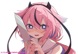 Rule 34 | 1other, black hair, blush, bright pupils, commentary, fang, furrowed brow, gynoid talk, hair flaps, hands up, heart, heart-shaped pupils, highres, hikimayu, holding, holding knife, horns, kitchen knife, knife, looking at viewer, low twintails, meika hime, multicolored hair, nose blush, open mouth, pink hair, pink nails, portrait, purple eyes, purple hair, sailor collar, sayonaka megumo, shirt, simple background, skin fang, sleeveless, sleeveless shirt, smile, solo, streaked hair, symbol-shaped pupils, translated, twintails, two-handed, vocaloid, white background, white pupils, white sailor collar, white shirt, yandere