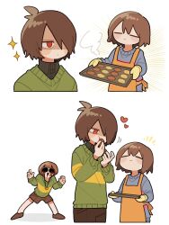 Rule 34 | 3others, ahoge, antenna hair, apron, baking sheet, black shirt, blue sweater, brown footwear, brown hair, brown shorts, chara (undertale), closed mouth, collared shirt, deltarune, frisk (undertale), green sweater, hair over one eye, highres, holding, holding tray, kris (deltarune), looking to the side, multiple others, orange apron, red eyes, shirt, shoes, short hair, shorts, sweater, tadeno, tray, undertale