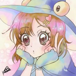 Rule 34 | 1990s (style), 1girl, blush, brown eyes, fingerless gloves, gloves, hair ornament, hairclip, hat, head rest, heart, highres, looking to the side, orange hair, pale skin, polygon project, retro artstyle, solo, virtual youtuber, witch hat, xkappa (artist), xkappa k