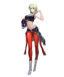 1girl absurdres aina_saharin ankle_boots arched_back armpits bare_arms bare_shoulders belly black_tank_top bodysuit boots breasts clothes_around_waist collarbone commentary crop_top earrings full-length_zipper full_body glint green_eyes green_hair groin gundam gundam_08th_ms_team helmet highres holding holding_helmet jewelry large_breasts long_sleeves looking_at_viewer mecha_pilot_suit medium_hair navel necklace normal_suit open_bodysuit open_clothes parted_lips partially_unzipped pope_(user_vuza2542) red_bodysuit simple_background solo standing tank_top teeth white_background white_footwear zeon zipper