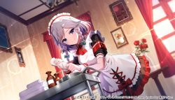 Rule 34 | 1girl, blue eyes, bottle, braid, chatsubaki, closed mouth, copyright name, copyright notice, curtains, dutch angle, flower, grey hair, indoors, izayoi sakuya, light particles, looking at viewer, maid, maid headdress, official art, painting (object), red flower, red rose, rose, side braid, smile, solo, table, touhou, touhou danmaku kagura, towel, twin braids