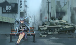 Rule 34 | 1girl, :d, ^ ^, bare tree, bench, black coat, black footwear, blue hair, blue ribbon, blurry, blurry background, blush, bouquet, cityscape, closed eyes, coat, commentary, flower, hair between eyes, hair ribbon, highres, holding, holding bouquet, hoshino yumemi, legs together, long hair, long ribbon, longmei er de tuzi, low twintails, military vehicle, motor vehicle, on bench, open mouth, own hands together, planetarian, post-apocalypse, retro artstyle, ribbon, robot ears, scenery, sitting, smile, solo, tank, tree, twintails, very long hair, wide shot