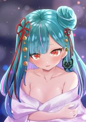 Rule 34 | 1girl, blurry, blurry background, breasts, collarbone, commentary request, green hair, hair bun, hair ornament, highres, hololive, japanese clothes, kimono, looking at viewer, makesound, medium hair, multicolored hair, open mouth, portrait, red eyes, single hair bun, single side bun, small breasts, solo, uruha rushia, uruha rushia (new year), virtual youtuber, yukata