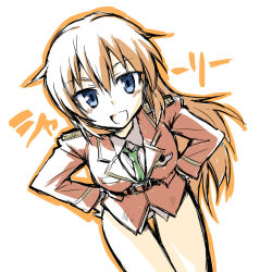 Rule 34 | 00s, 1girl, blue eyes, charlotte e. yeager, formal, hands on own hips, kuropan (crow panther), kurou (artist), long hair, necktie, no pants, open mouth, orange hair, panties, simple background, smile, solo, strike witches, suit, underwear, uniform, white background, world witches series