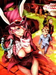 Rule 34 | 1girl, 5boys, animal ears, blue eyes, breasts, cake, candy, chocolate, cleavage, detexted, fake animal ears, fishnet pantyhose, fishnets, food, glasses, hat, highres, lipstick, makeup, multiple boys, nishieda, pantyhose, pink hair, playboy bunny, rabbit ears, scarf, short hair, third-party edit, willy wonka