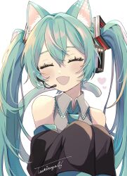Rule 34 | 1girl, :d, animal ear fluff, animal ears, bare shoulders, black sleeves, blue necktie, blush, cat ears, cat girl, cat tail, closed eyes, collared shirt, detached sleeves, dot nose, facing viewer, fang, frilled shirt, frills, grey shirt, hair between eyes, hatsune miku, headset, heart, highres, kemonomimi mode, long hair, long sleeves, microphone, naguno-0713, necktie, open mouth, own hands together, shirt, sidelocks, signature, simple background, skin fang, sleeveless, sleeveless shirt, sleeves past fingers, sleeves past wrists, smile, solo, sparkle, tail, twintails, very long hair, vocaloid, white background