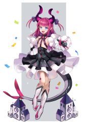 Rule 34 | 1girl, absurdres, arm behind back, asymmetrical horns, blue eyes, blush, breasts, commentary request, curled horns, detached sleeves, dragon horns, dragon tail, dress, elizabeth bathory (fate), elizabeth bathory (fate/extra ccc), elizabeth bathory (first ascension) (fate), fate/grand order, fate (series), frills, full body, gloves, grey background, hair ribbon, highres, holding, holding microphone, horns, long hair, long tail, looking at viewer, microphone, open mouth, pink gloves, pink hair, pointy ears, ribbon, slaon55, small breasts, smile, solo, standing, standing on one leg, tail, two side up, uneven horns, white background