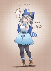 Rule 34 | &gt; &lt;, 1girl, beret, black pantyhose, blue bow, blue bowtie, blue hat, blue skirt, blue sleeves, blush, boots, bow, bowtie, brown footwear, commentary request, detached sleeves, frilled skirt, frills, full body, grey hair, hat, high-waist skirt, hikari (kemono friends), japari symbol, kemono friends, kemono friends 3, multicolored hair, nyororiso (muyaa), pantyhose, shirt, short hair, short sleeves, sidelocks, skirt, solo, two-tone hair, two-tone shirt, white shirt