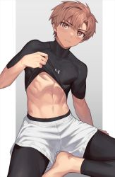 Rule 34 | 1boy, arm support, barefoot, black leggings, black shirt, blush, brown eyes, brown hair, clothes lift, hand up, head tilt, highres, leggings, leggings under shorts, lifting own clothes, light frown, looking at viewer, male focus, navel, nayoshi (r-744), original, outside border, shirt, shirt lift, short hair, short shorts, short sleeves, shorts, sitting, solo, spread legs, turtleneck, under armour, white shorts