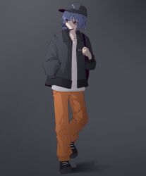 Rule 34 | 1girl, absurdres, backpack, bag, baseball cap, black jacket, blue hair, bocchi the rock!, boots, commentary, english commentary, full body, gradient background, grey background, hair ornament, hairclip, hand in pocket, hat, highres, jacket, machuuu68, orange pants, pants, shirt, solo, white shirt, yamada ryo