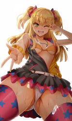 Rule 34 | 10s, 1girl, ass, bare shoulders, belt, belt buckle, blonde hair, blurry, breasts, buckle, commentary request, depth of field, from below, gluteal fold, green eyes, hair ribbon, idolmaster, idolmaster cinderella girls, jewelry, jougasaki rika, looking at viewer, necklace, one eye closed, open clothes, open mouth, panties, pantyshot, pink thighhighs, revision, ribbon, scrunchie, simple background, small breasts, smile, solo, standing, sweat, teeth, thighhighs, twintails, two side up, underboob, underwear, upper teeth only, v over eye, white background, white panties, wrist scrunchie, yamada naoko (hideko1227), yellow scrunchie