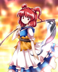 1girl absurdres blue_dress blurry blurry_background coin coin_on_string dress frilled_dress frills highres holding holding_scythe kazakome onozuka_komachi puffy_short_sleeves puffy_sleeves red_eyes red_hair scythe short_sleeves solo touhou two_side_up zun_(style)