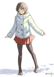 Rule 34 | 1girl, artist name, black pantyhose, brown footwear, brown hair, closed mouth, coat, duffel coat, closed eyes, full body, long sleeves, original, pantyhose, pleated skirt, red skirt, shoes, short hair, signature, simple background, skirt, snow, solo, standing, umiroku, white background, winter clothes, winter coat