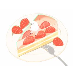 Rule 34 | bear, cake, cake slice, chai (drawingchisanne), food, food focus, fork, fruit, no humans, original, partially submerged, plate, polar bear, simple background, strawberry, white background